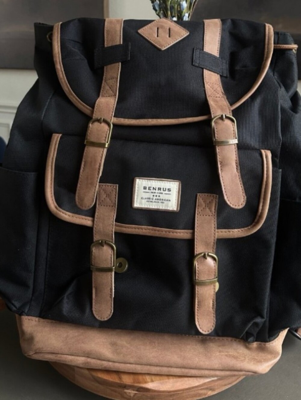 Benrus New York Black and Brown Canvas Leather-Trim Backpack